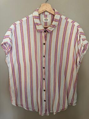 Marine Layer Pink and Cream Linen-Blend Button-Up Shirt
